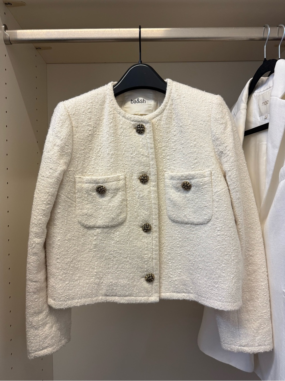 ba&sh Cream Bouclé Cropped Blazer with Decorative Buttons